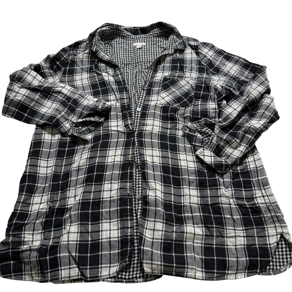 J. Jill Plaid Button Down Shirt Wms XL Black White Gingham Double Faced‎ Cotton